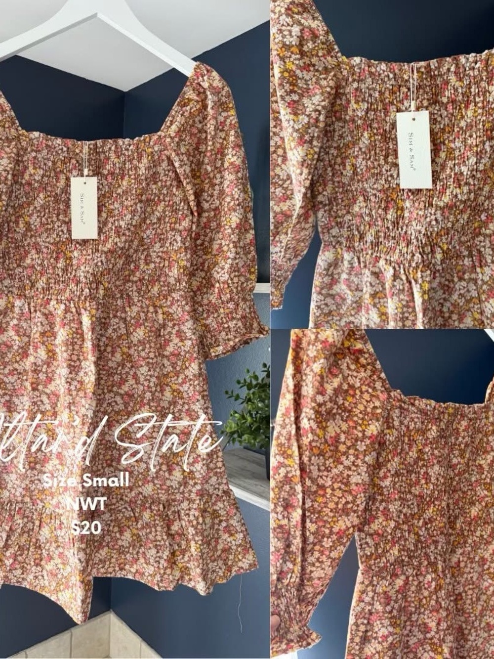 Altard State Women’s Floral Smocked Peasant Dress - Brown Floral, Small